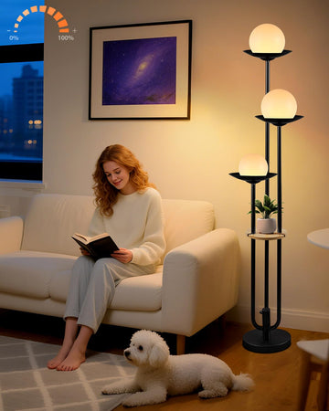 Globe Floor Lamp with Shelf 3-Lights Modern Dimmable Floor Lamps 3000K Warm White Bulbs Included Black Tall Standing