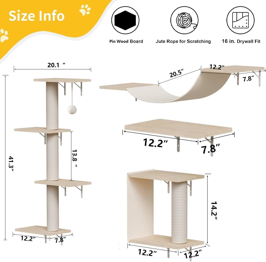 Real Wood Cat Wall Shelves with Waterproof Fabric- Sturdy Wall Mounted Cat Shelf & Climber, Floating Wood Cat Perch