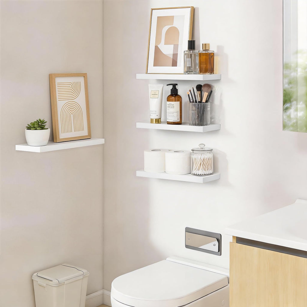 White Floating Shelves 15.7in, Set of 4, Wall Mount Rustic Wood Shelf