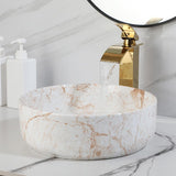 White Marbling Bathroom Vessel Sink with Waterfall Faucet and Pop-Up Drain Combo,14 Inch Ceramic Vessel Sink Above