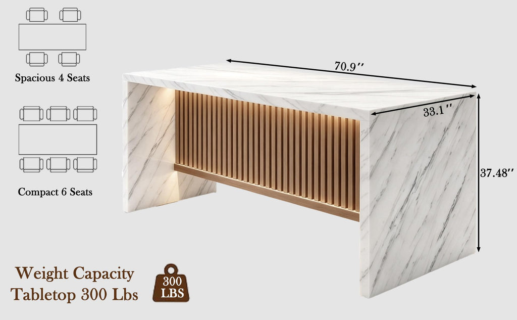 71" Kitchen Island Table with Faux Marble Top, 37.4''H Tall Modern Dining Table with LED Lights for 6 People