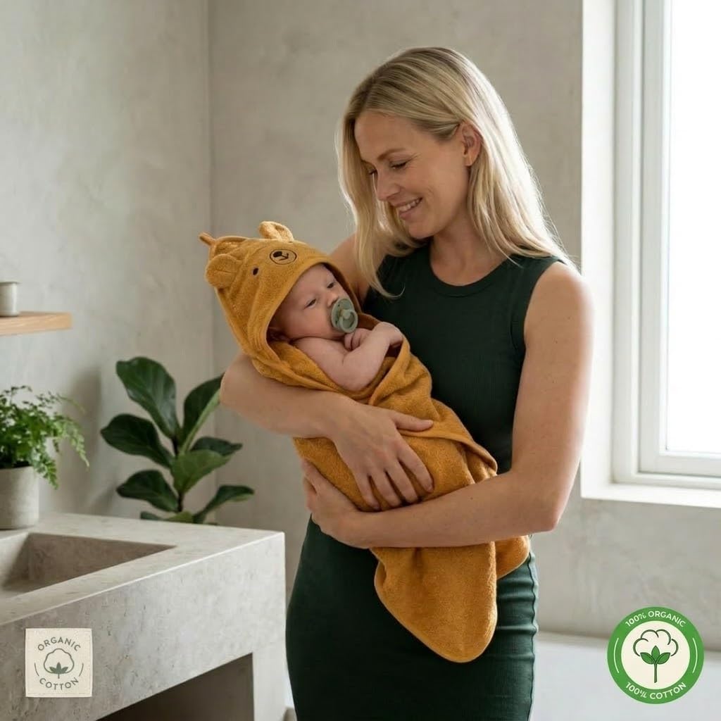 Hooded Baby Bath Towel, 100% Organic Cotton, Super-Soft 32"x32"