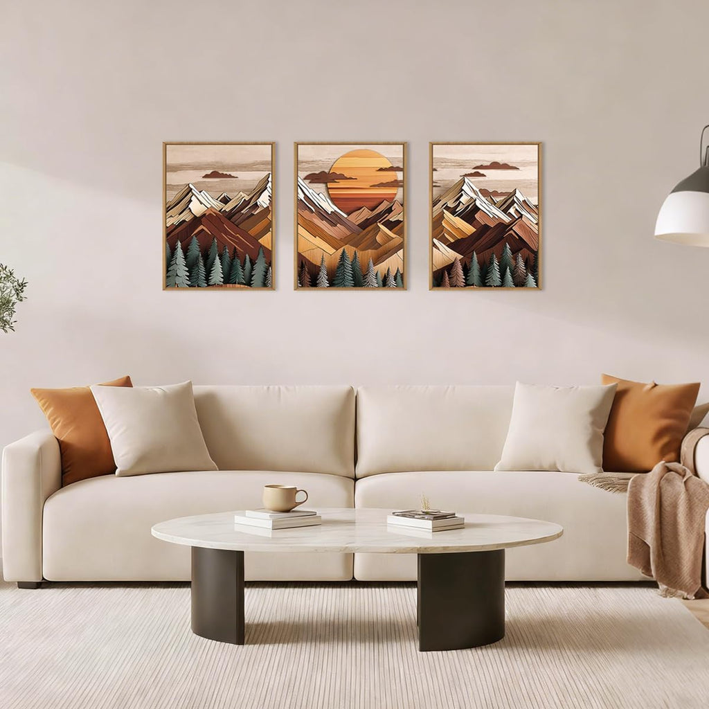 Woodcut Style Mountain Framed Canvas Wall Art Set,Wooden Pine Tree Wall Decor,Vintage Forest Landscape Art