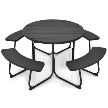 Round Picnic Table for Outdoors, 8 Person Outdoor Picnic Tables & Benches Set with Umbrella Hole, HDPE Tabletop &