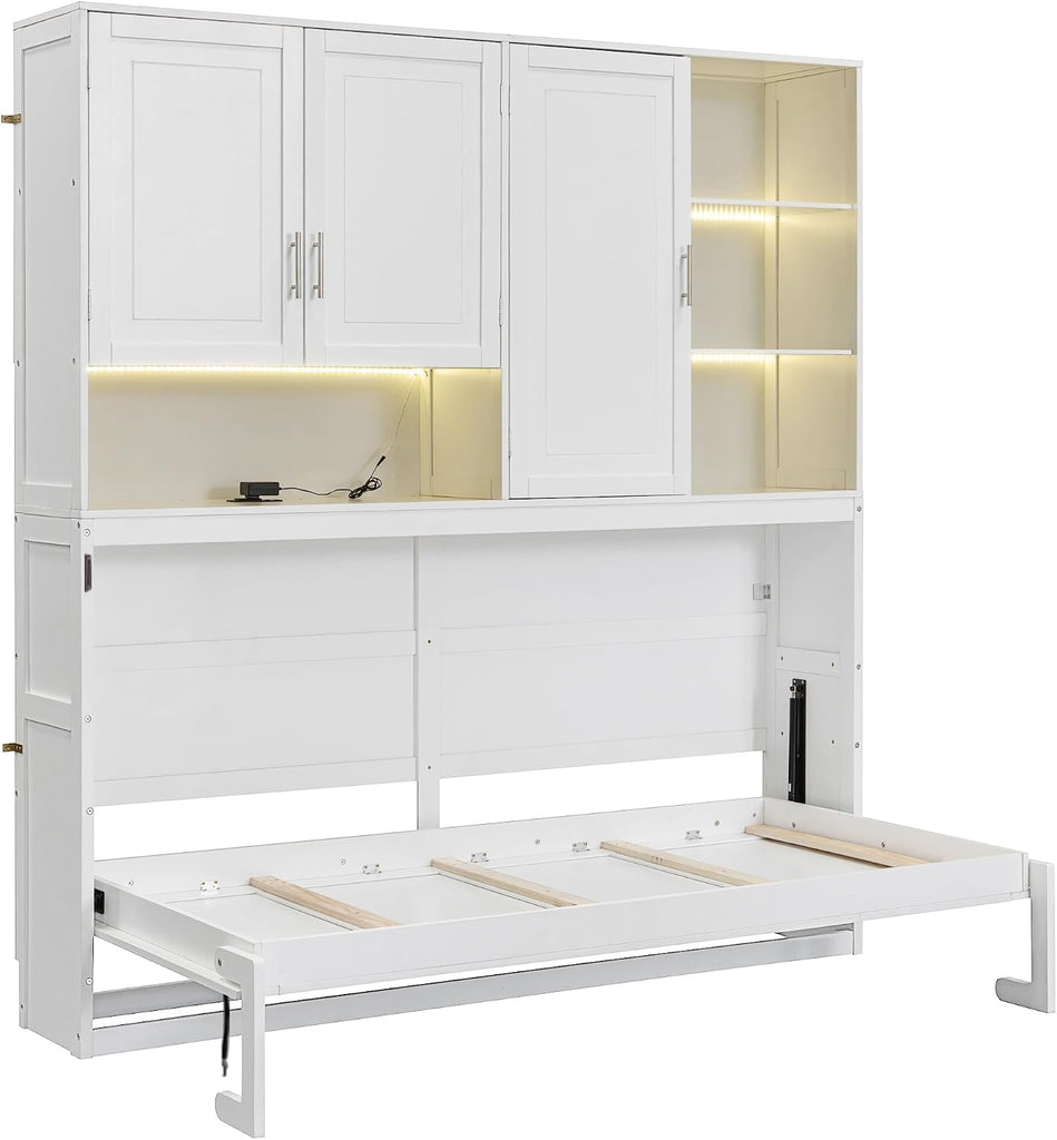 Twin Wall Murphy Bed with Top Cabinet, Shelves,Space Saving Foldable Bed with Light & USB,Sleeping Arrangement for