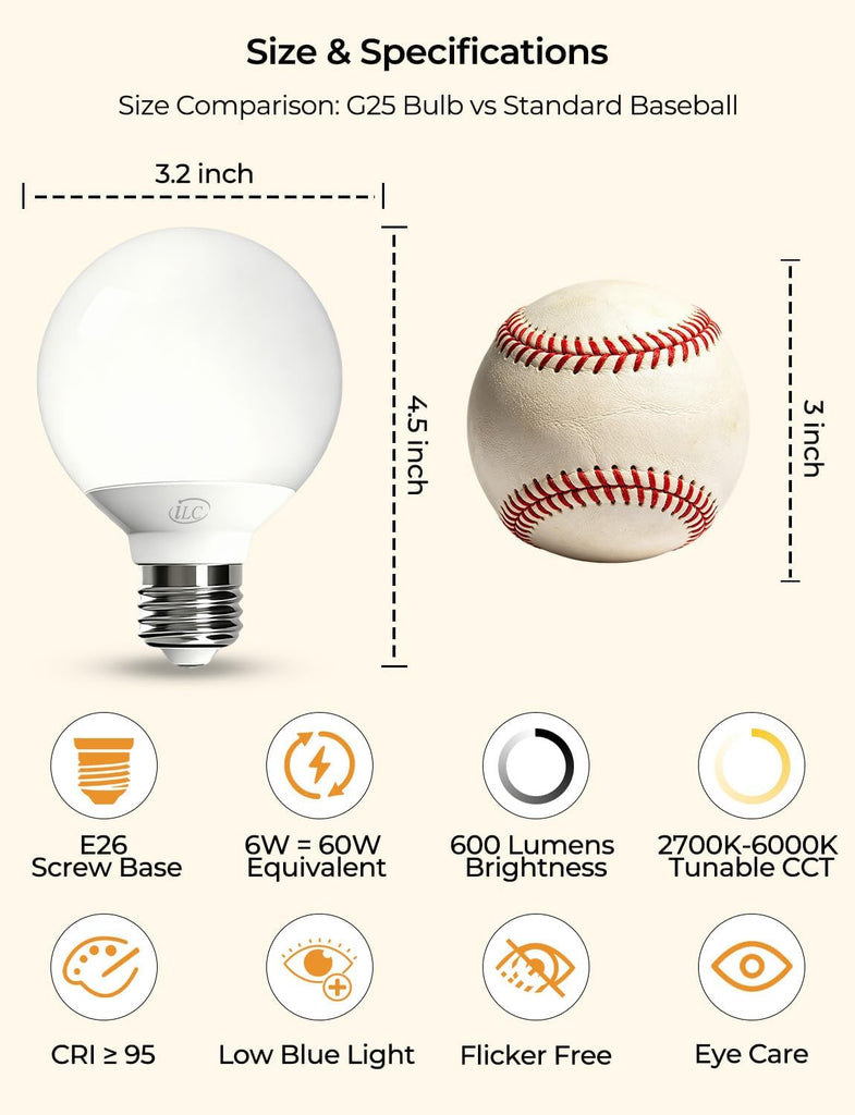 G25 LED Globe Light Bulbs, CRI 95+, Vanity Light Bulbs APP Control