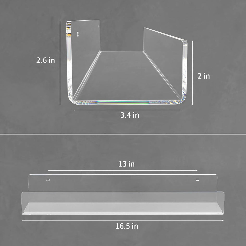 16. Inch Acrylic Floating Bookshelves, Pack, Clear Modern Wall Shelves for Child/Toddler, Invisible Ledge Book