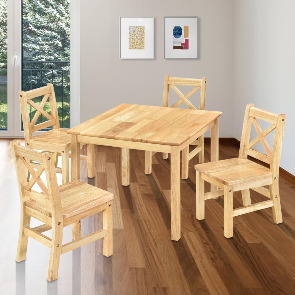 Solid Hard Wood Kids Table and Chair Set, Natural, 5 Piece
