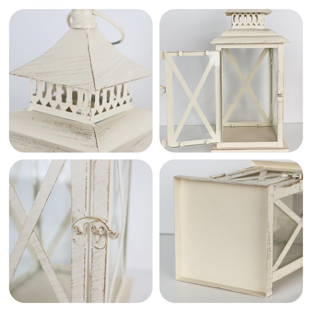 Lanterns Decorative Outdoor&Indoor, Set of 4 (14"&10") Beige Metal Lantern Decor with Glass, Candle Holder for Porch