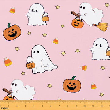 Pink Cute Ghost Fabric by The Yard Halloween Theme Candy Upholstery Fabric for Sewing Crafting Pumpkin Lantern Soft