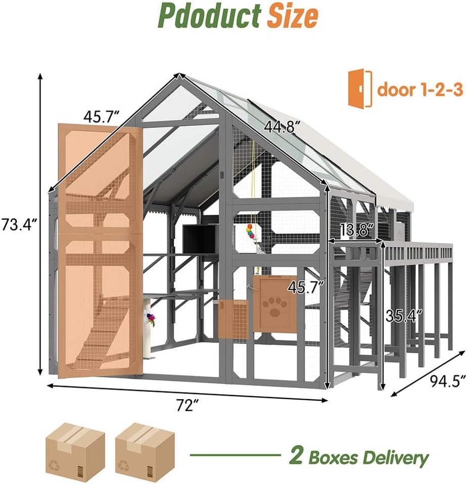 Large Outdoor Cat Enclosure Catio, 94.5" Wooden Walk-in Cat House with Platforms, Bridges, Cat Houses & Waterproof