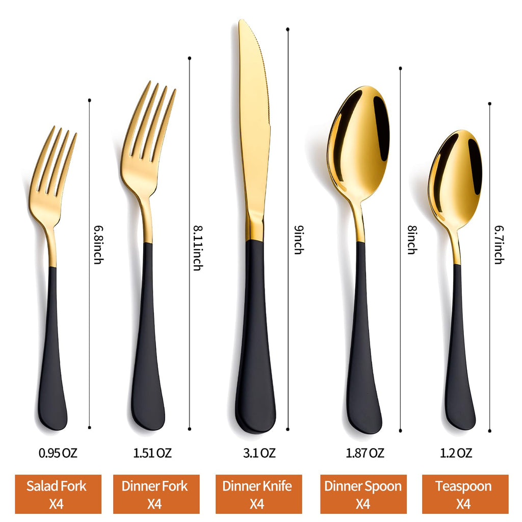 20 Piece Gold and Black 18/0 Flatware Utensil Set for 4, Include Dinner Knife,Dinner Forks,Dinner Spoons,Salad