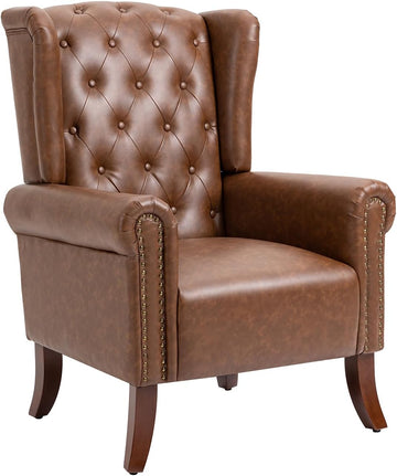 Mid-Century PU Leather Accent Chair, Living Room Lounge Sofa Chair with Buttons, Single Club Armchair with Rivet Trim