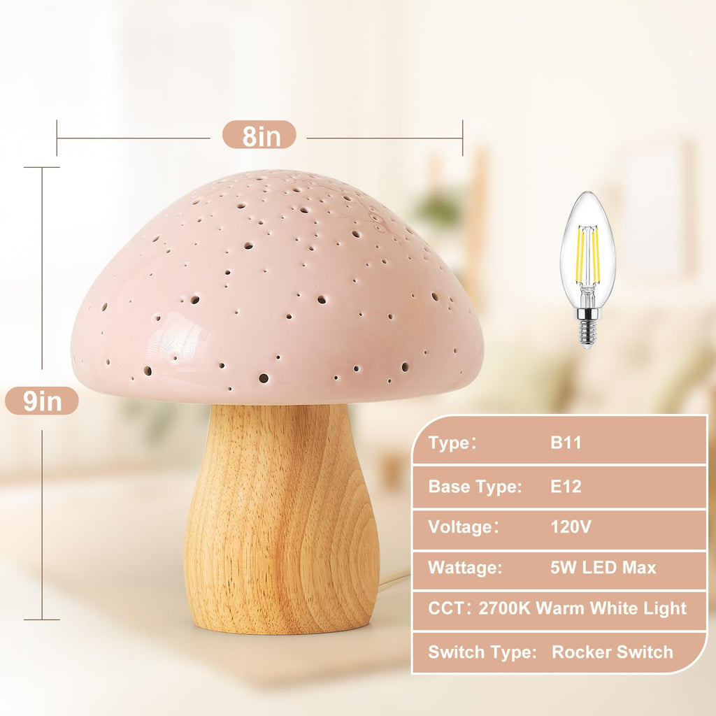 Mushroom Lamp Ceramic Bedside Table Lamp, Pink