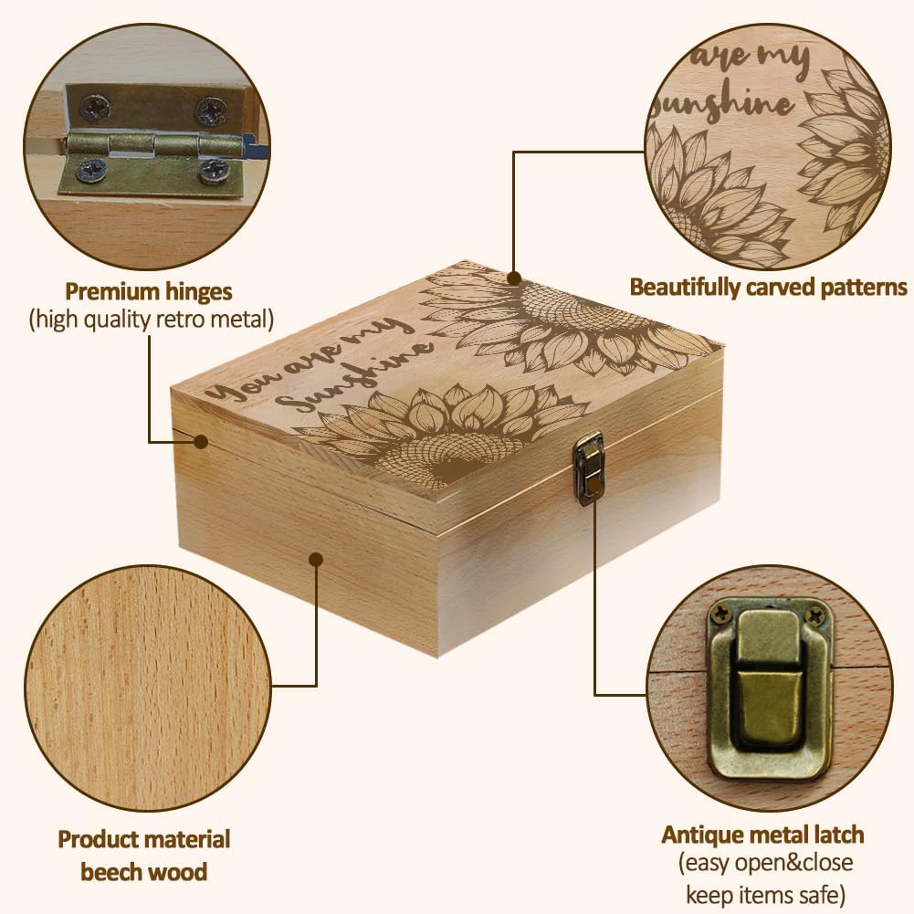 1 Pc Wooden Memory Keepsake Box, Blooming Sunflowers Motif Decorative Wooden Memory Box with Hinge Lids
