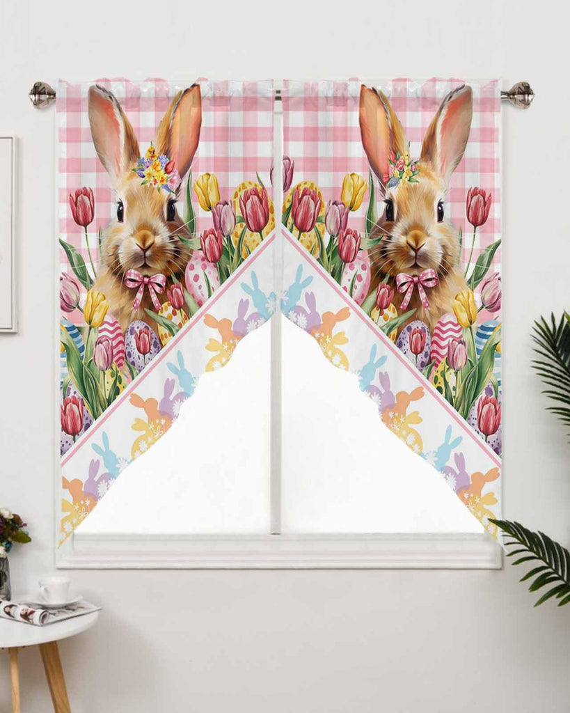 Swag Valances for Windows, Easter Rabbit Tulips Buffalo Check Rod Pocket Thermal Insulated Kitchen Window Curtains