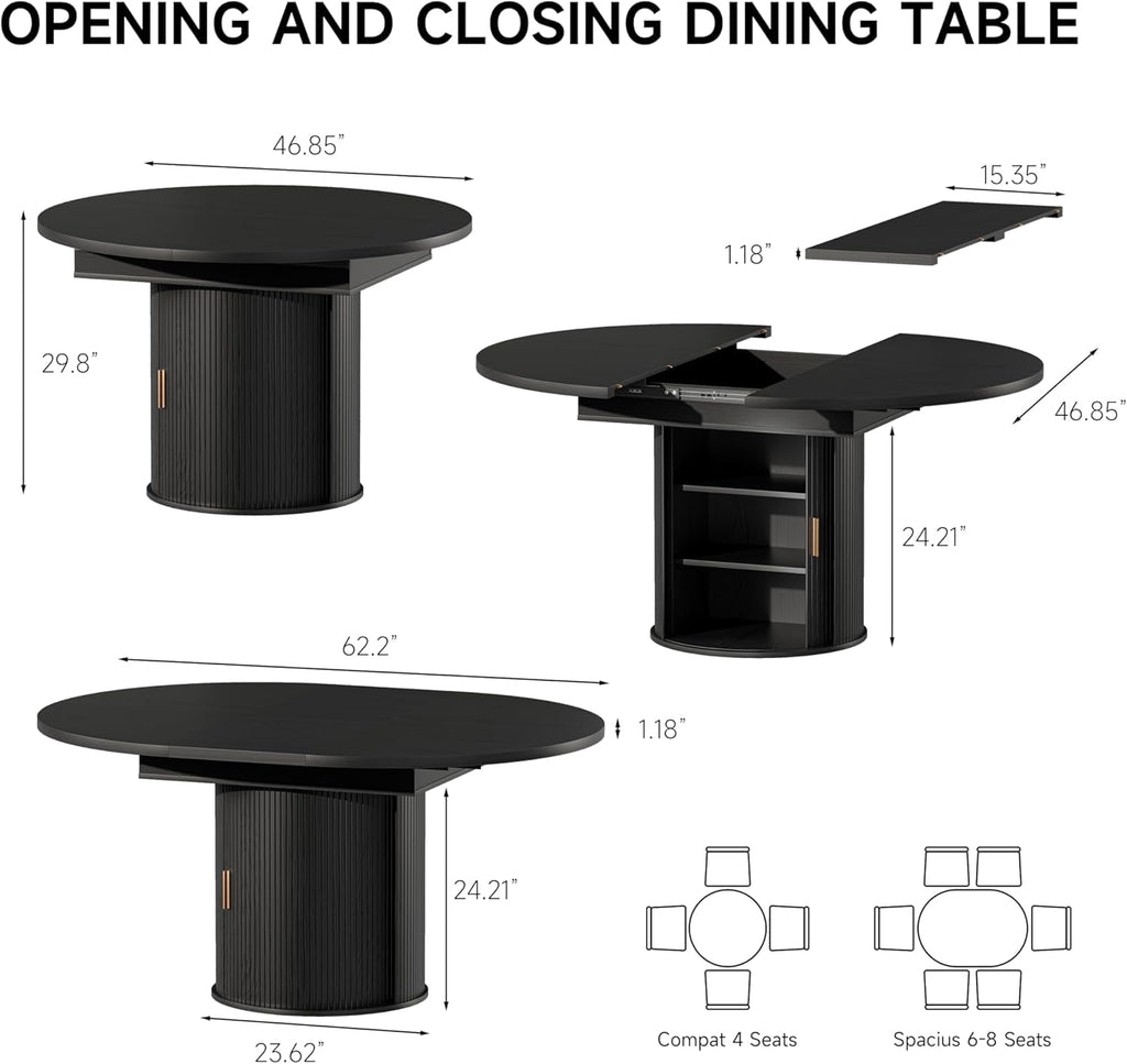 Round Dining Table: 47′′-63′′ Kitchen Table for 4 6 8 with Dust-Proof 2-Tier Storage Shelf Space Saving, Modern