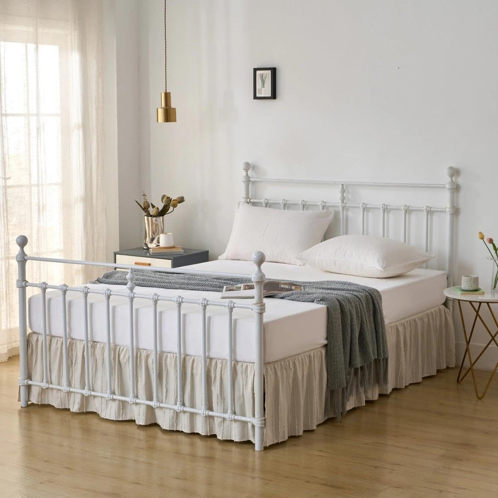 Bed Skirt Queen Size - Ruffled Bed Skirt - with Split Corners - Cream | Striped Boho Tufted -14 Inch Drop Bedskirt