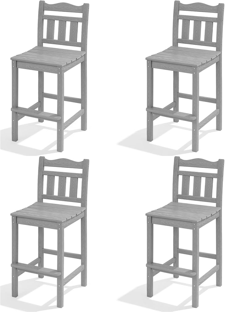 Outdoor Bar Stools Set of 4, HDPE Adirondack Bar Chairs with Backs, All-Weather High Top Patio Chairs, Heavy Duty