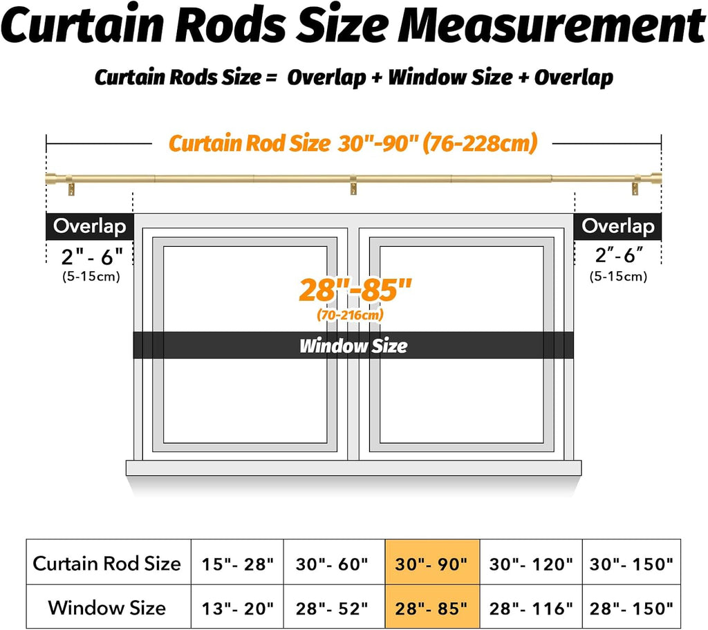 Gold Curtain Rods for Windows, 1 Inch Adjustable Heavy Duty Easy Install Curtain Rods Set (Gold, 30"-90")