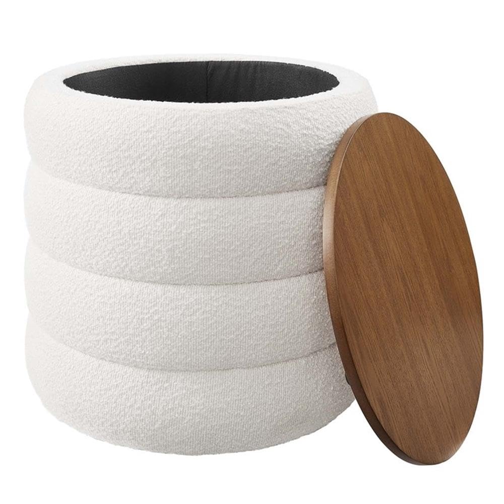Mezzo Round Boucle Fabric Storage Ottoman Stool in Cloud - Channel Tufted Ottoman - Upholstered Footrest - Versatile