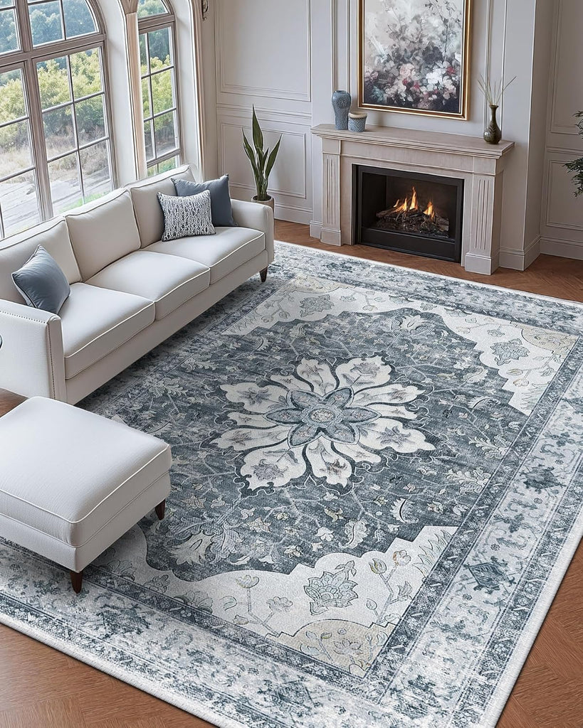 Area Rugs Washable Non-Slip, Floral Vintage Distress Print Pattern Medallion Carpet for Living Room Bedroom Dining Room