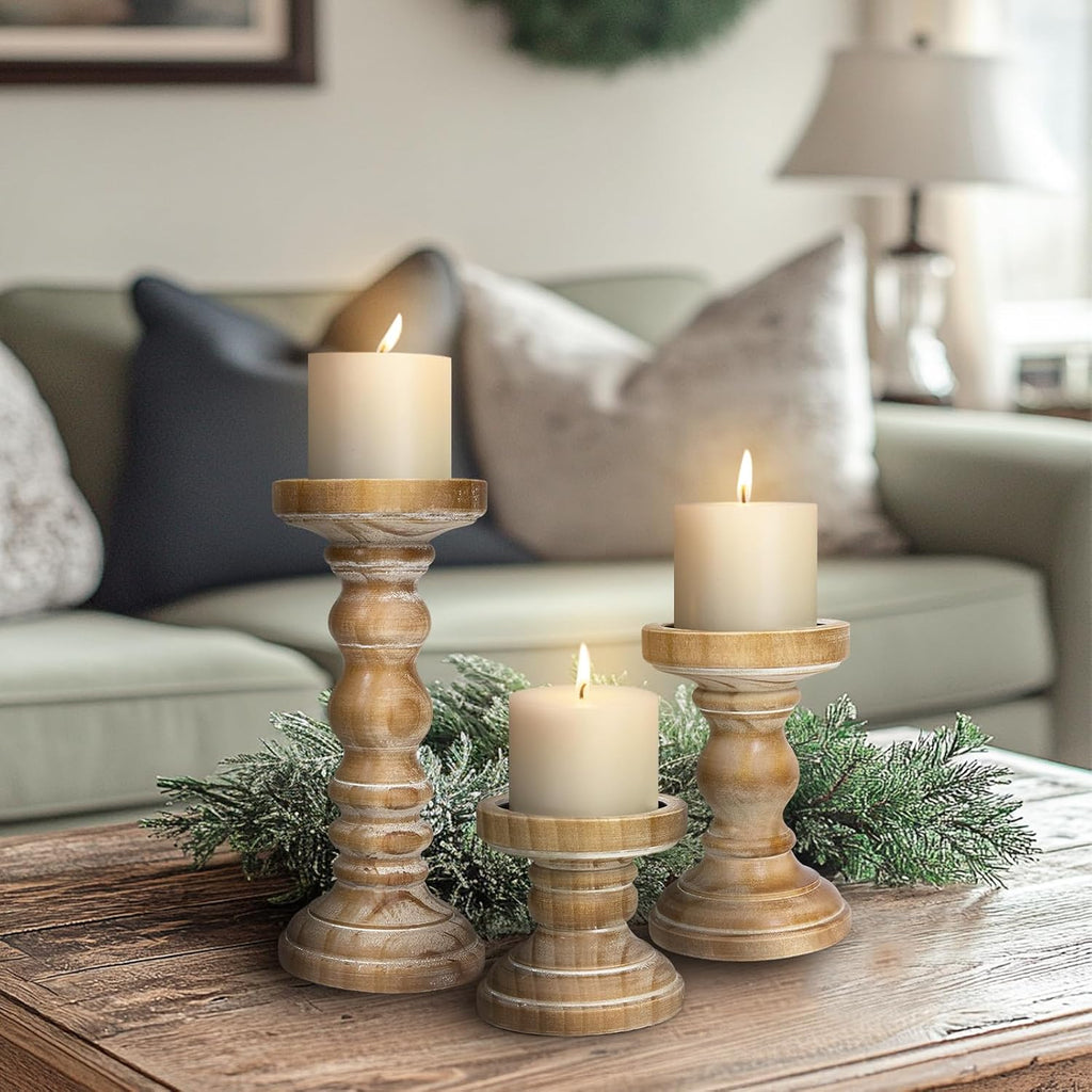 Candle Holder for Pillar Candle Set of 3, Farmhouse Wood Candle Holder, Rustic Wooden Candle Stand, Vintage Tall