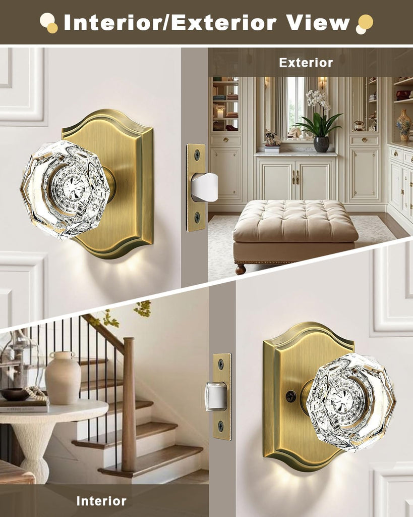 Octagonal Diamond Crystal Doorknob in Antique Brass for Hall/Closet,Passage Function for Interior Room,Keyless,1 Pack