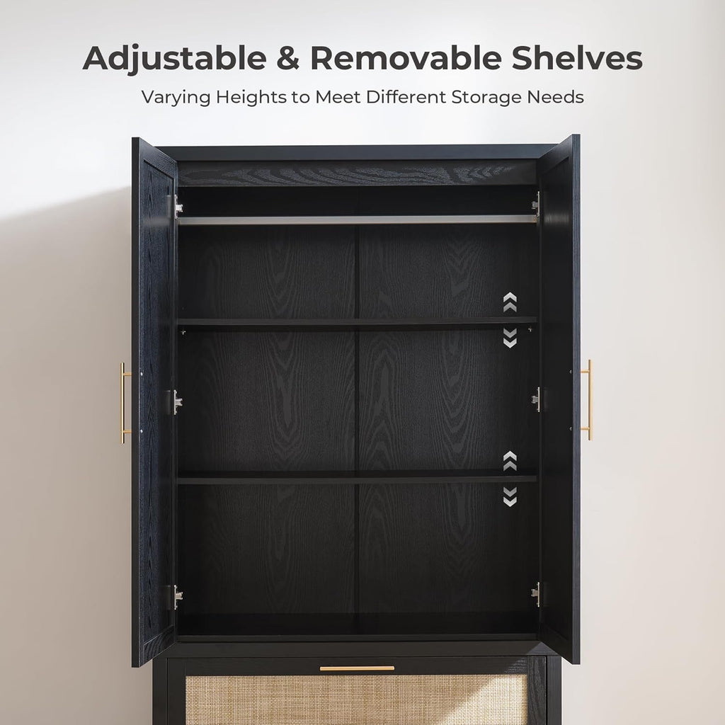 Rattan Armoire Wardrobe Closet, 71 inch Boho Wardrobe with Drawers | Farmhouse Storage Cabinet Armoire with Hanging