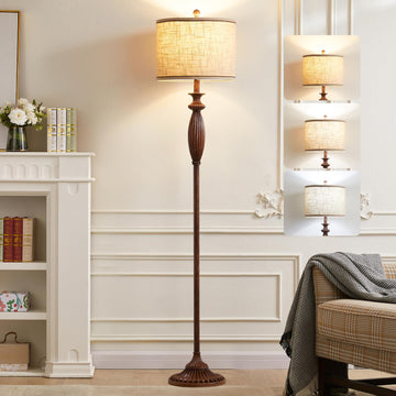 Vintage Floor Lamp, Rustic Standing Lamp with Linen Shade, Dark Wood Grain