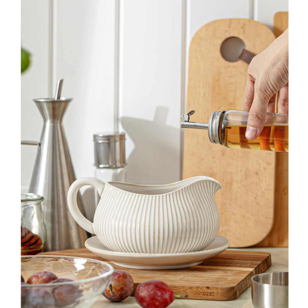 Gravy Boat with Saucer Stand, 24oz Ceramic Sauce Boat, Off-White, Stripes
