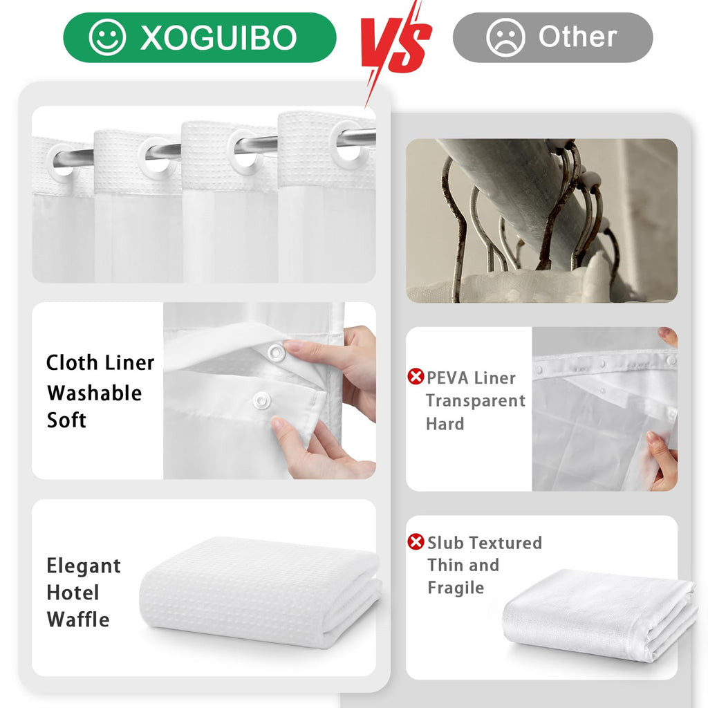 No Hook Shower Curtain with Liner Set Hotel Waffle Curtain White 48W X 75L