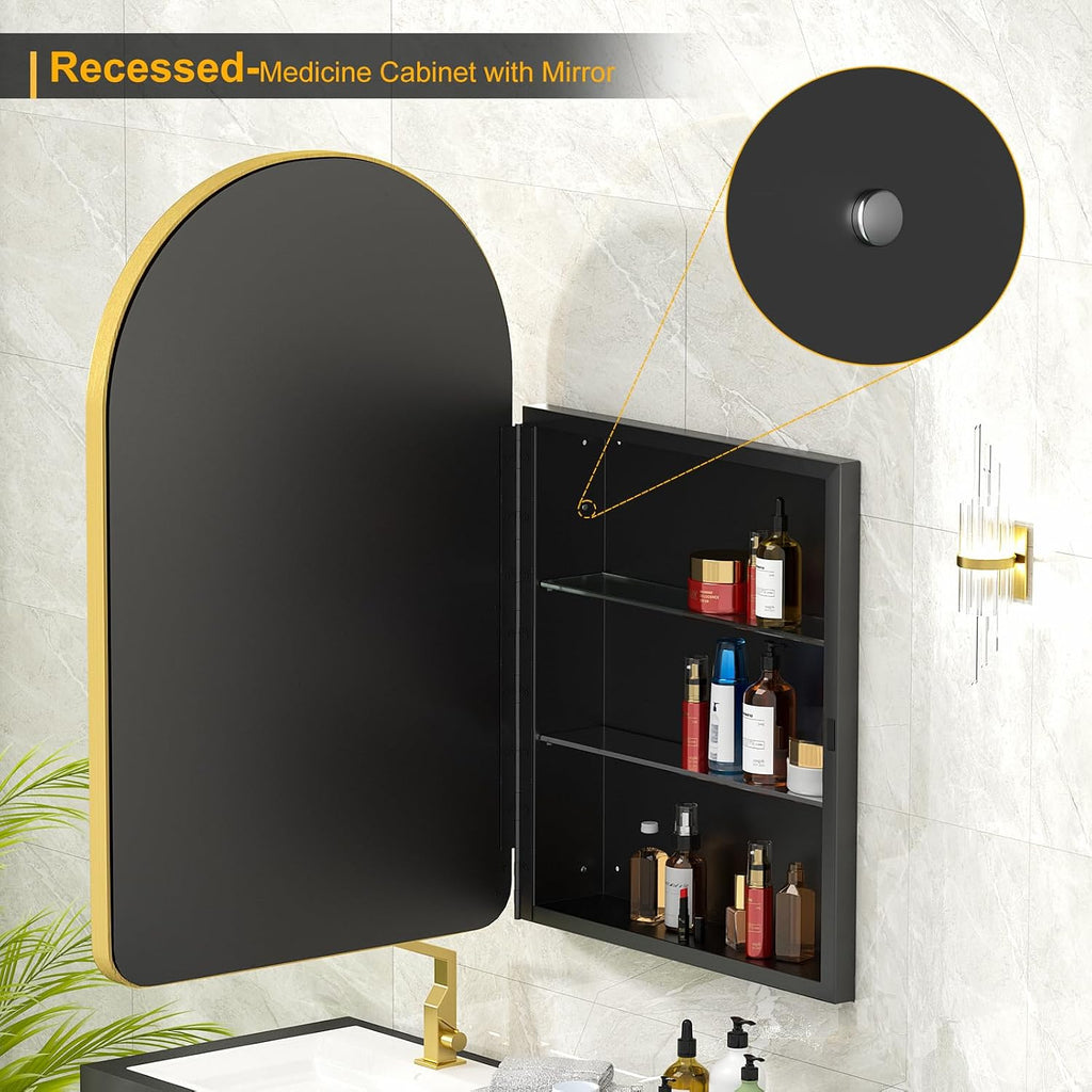 Arched Medicine Cabinet with Mirror,Gold Recessed Medicine Cabinet Mirror | Bathroom Arch Mirror Cabinet,Metal