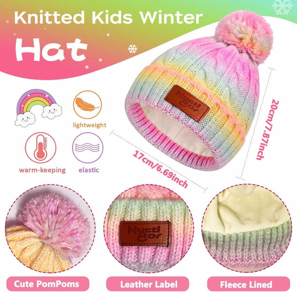 Toddler Kids Winter Hat Gloves Scarf Set for 2-7 Years, Warm Knit Boys Girls Hats Fleece Pompoms Beanies Neck Warmer