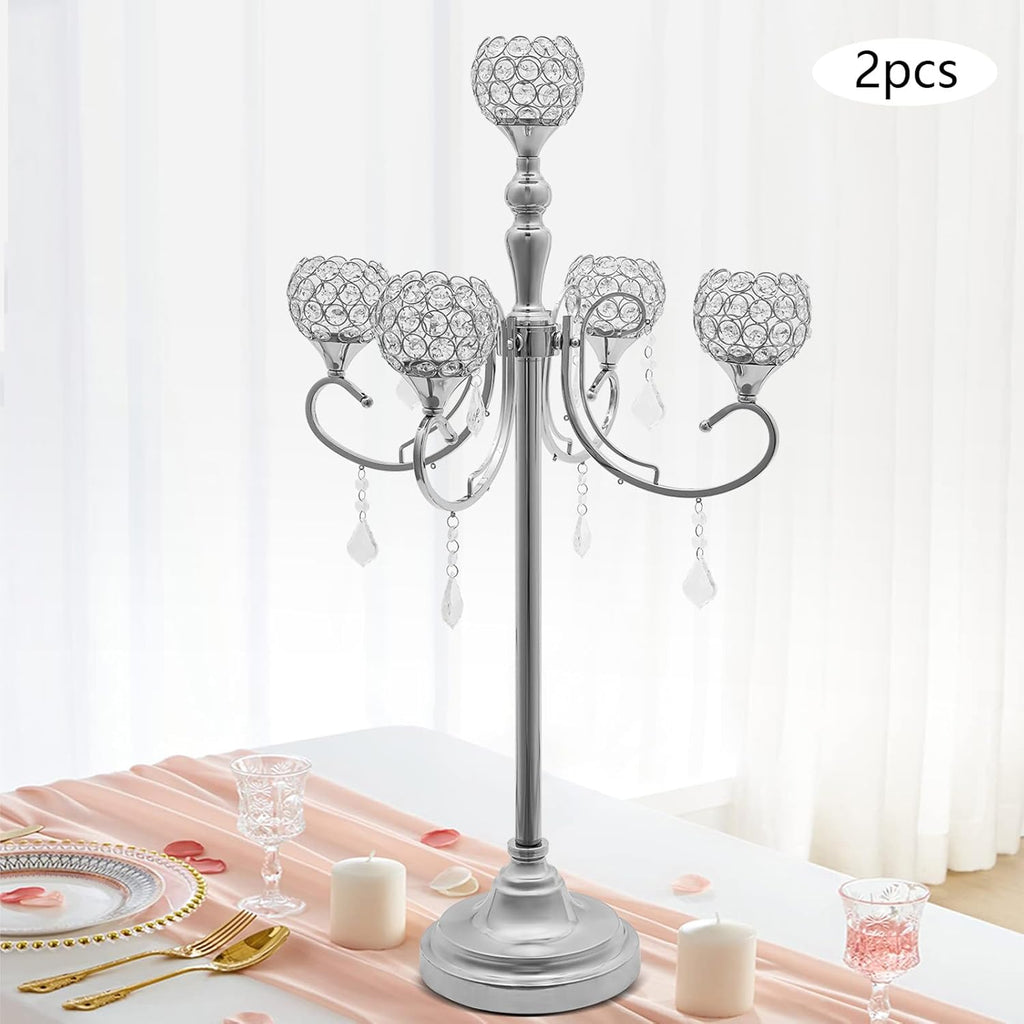 2 Pcs 5 Arm Gold Candelabra Centerpiece, 33 Inch Tall Crystal Candle Holder Centerpiece for Tables Elegant Metal