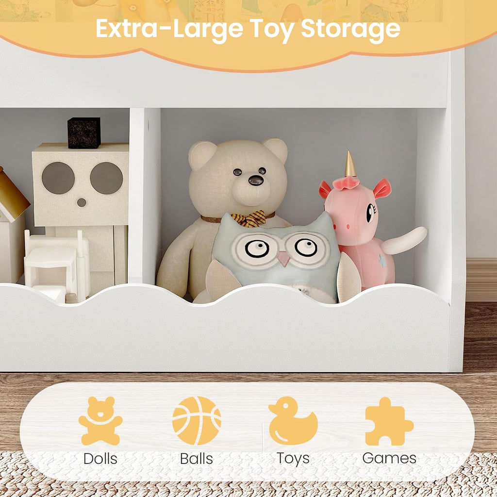 Kids Bookshelf and Toy Storage, Children's Bookcase with 2 Toy Cubes, Toddler Book Shelf for Kids Room, Wooden Book