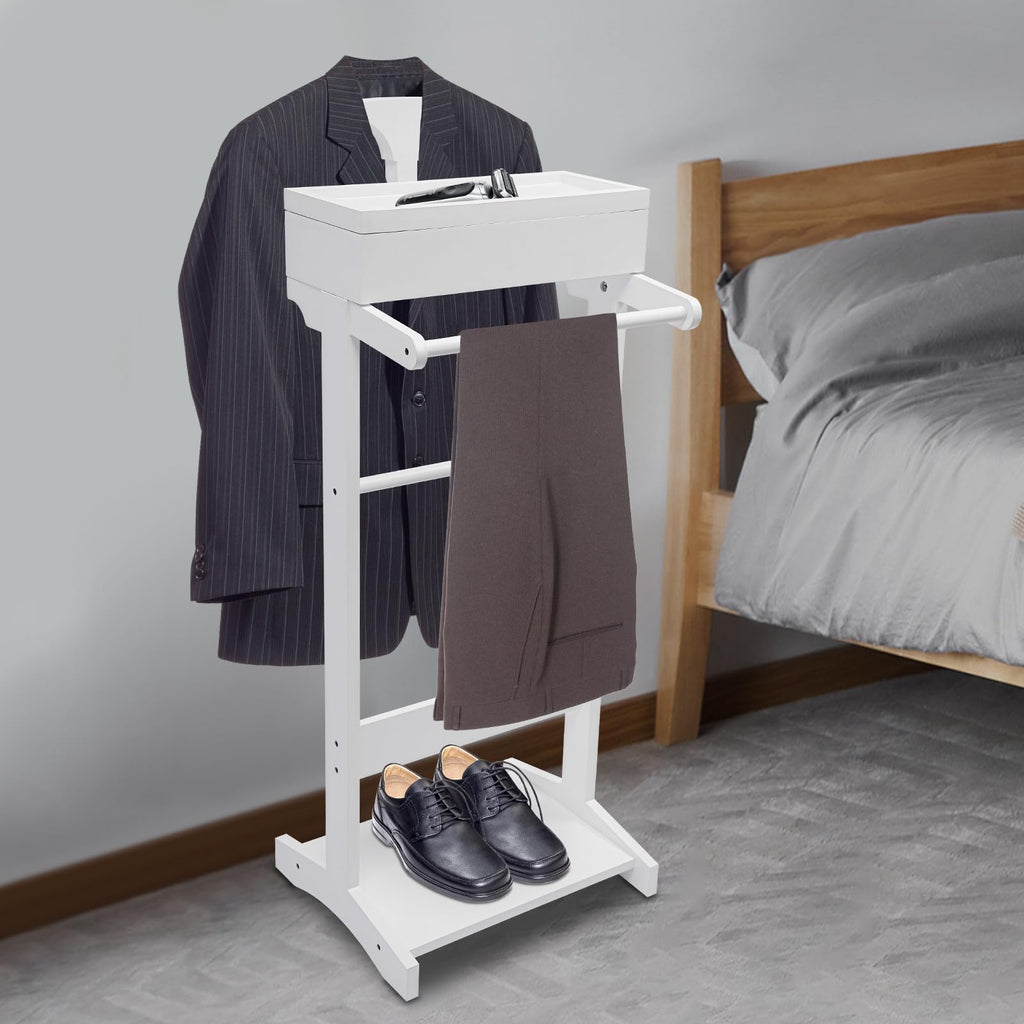 Valet Stand with Drawer and Top Tray, Wood Mens Suit Valet Stand with Wood Base, Freestanding Clothes Valet Stand