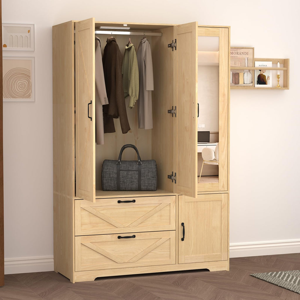 Armoire Wardrobe Closet with 3 Door, Bedroom Armoire with Mirror, LED Light, Hanging Rod, Drawers, Adjustable