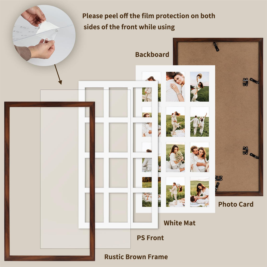 12 Opening 4x6 Collage Picture Frames Set of 2, Rustic Brown Multiple Frames for Displaying 6x4 Photos with Mat