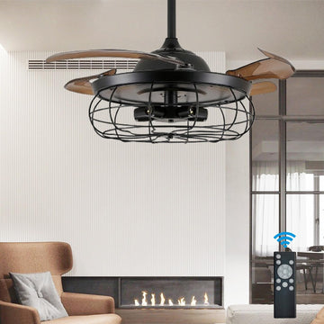 36" Retractable Ceiling Fan, Industrial Retro Caged Ceiling Fans with Remote Controller Vintage Style Rustic