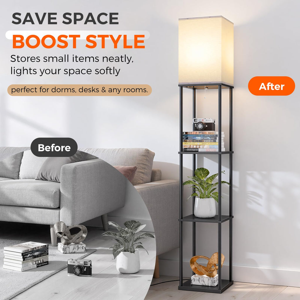 2-Pack Floor Lamp with Shelves, 3-Tier Square Bookshelf Standing Lamp