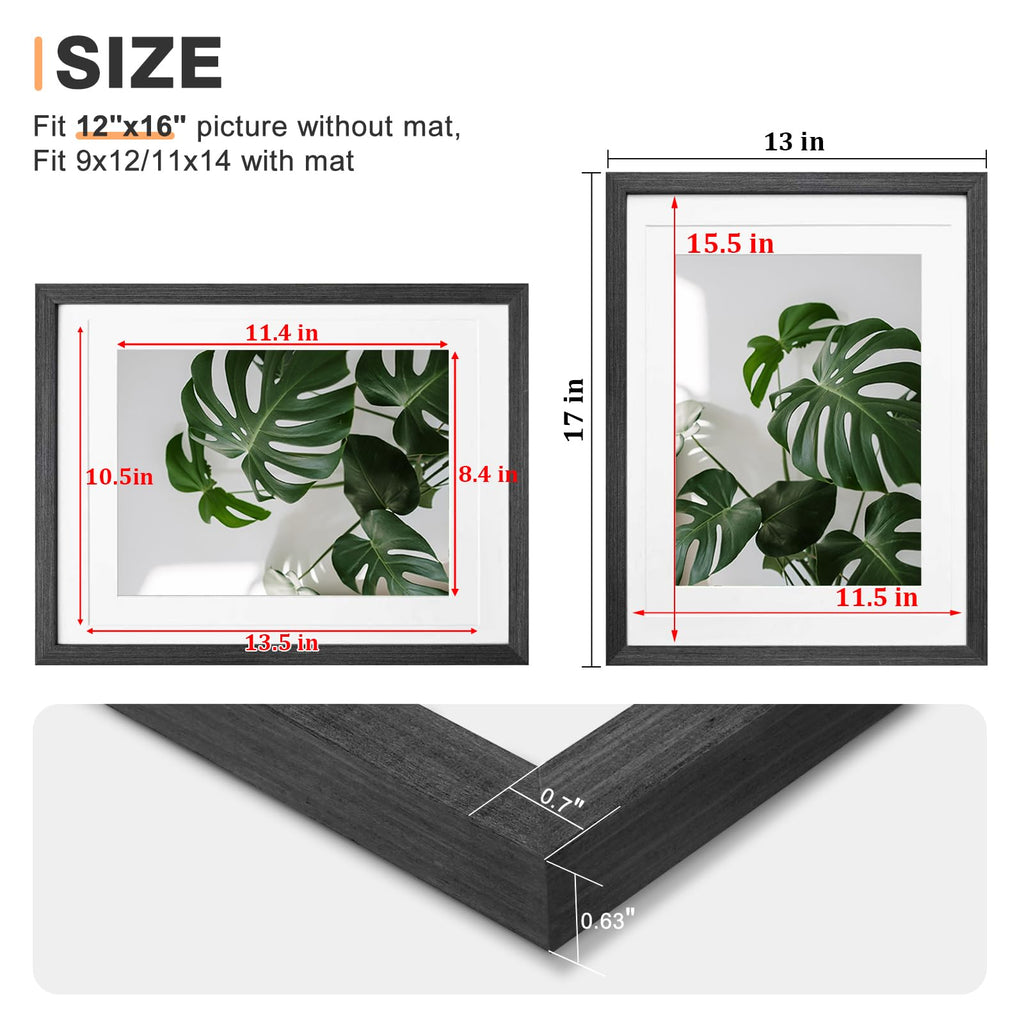 12x16 Picture Frame Set of 4, Made of Solid Wood Multicolor Photo Frame Covered by Plexiglass 9x12 and 11x14 with Mat