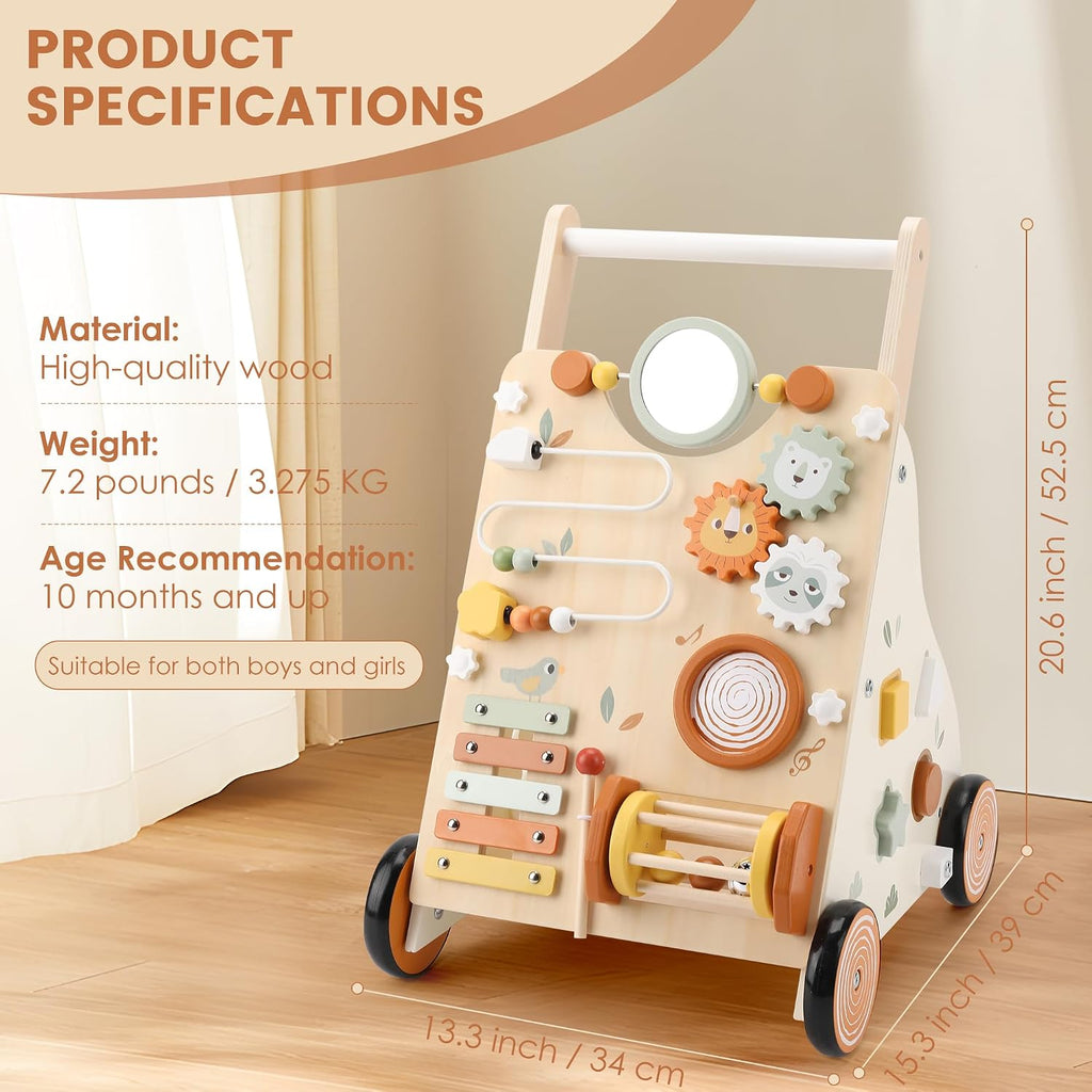 Wooden Baby Walker, Baby Push Walker with Activity Center for Girls Boys, Montessori Push Walker Toys for Babies