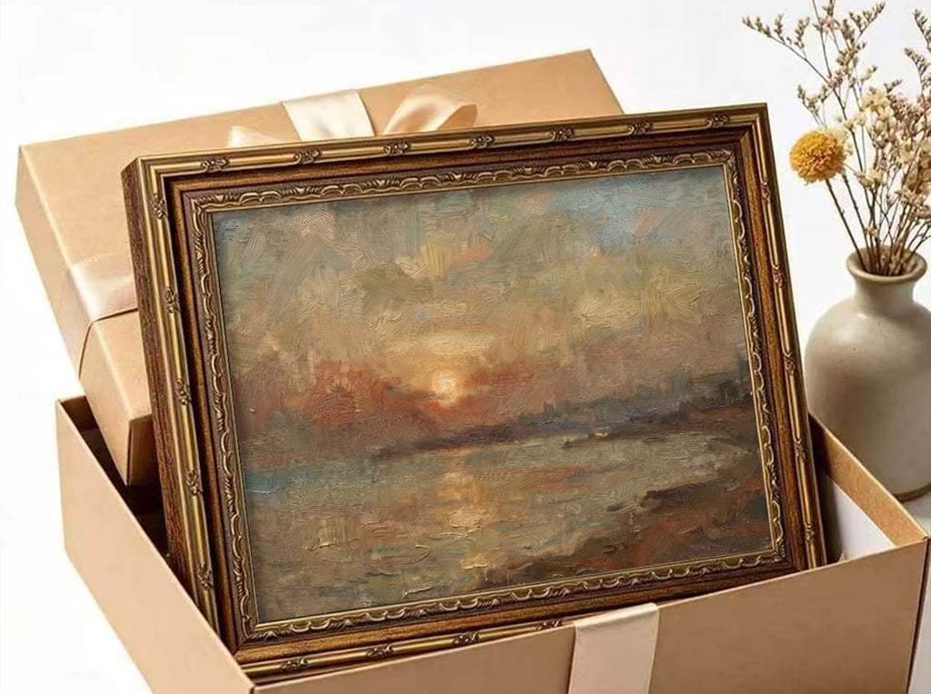 Vintage Gold Framed Sunset Water Wall Art Retro Coastal Landscape Print