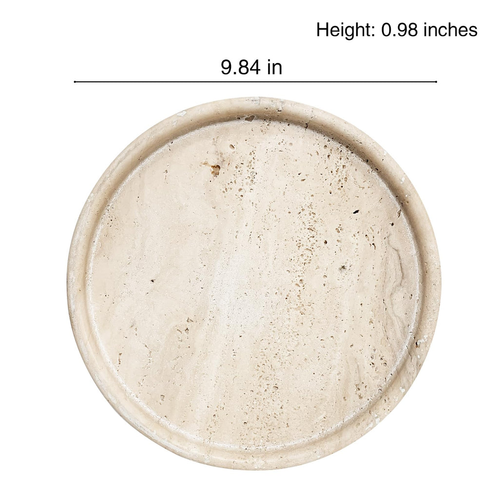 Travertine Tray, Ceramic Vanity Tray Counter Decor, Round Decorative Trays for Coffee Table (Beige, Large Size)