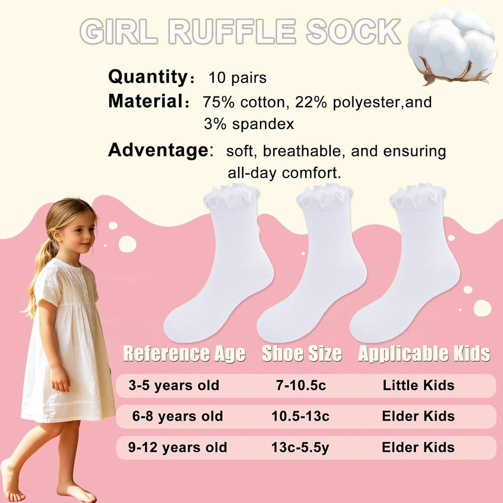 10 Pairs Ruffle Socks for Girls Uniform School Frilly Dress Cotton Crew Sock