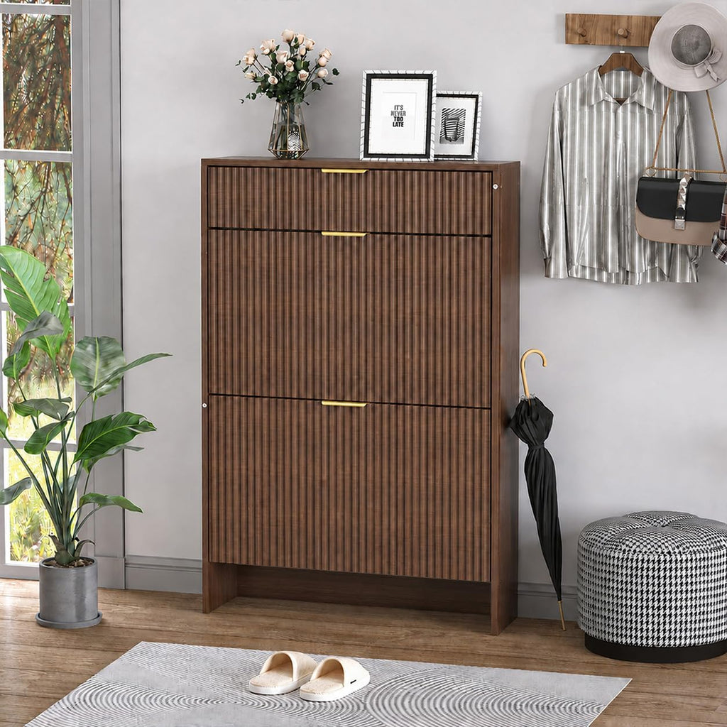 Shoe Storage Cabinet with Gold Pull Handles Narrow Fluted Entryway Shoe Organizer, Freestanding Drawer Rack Bedroom