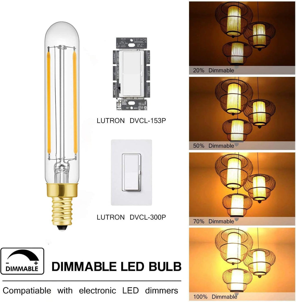 T20 T6 Small LED Bulb Long Filament 2W Equal 25 Watt E12 Candelabra Edison Tubular LED Light Bulb Dimmable 2700K Warm