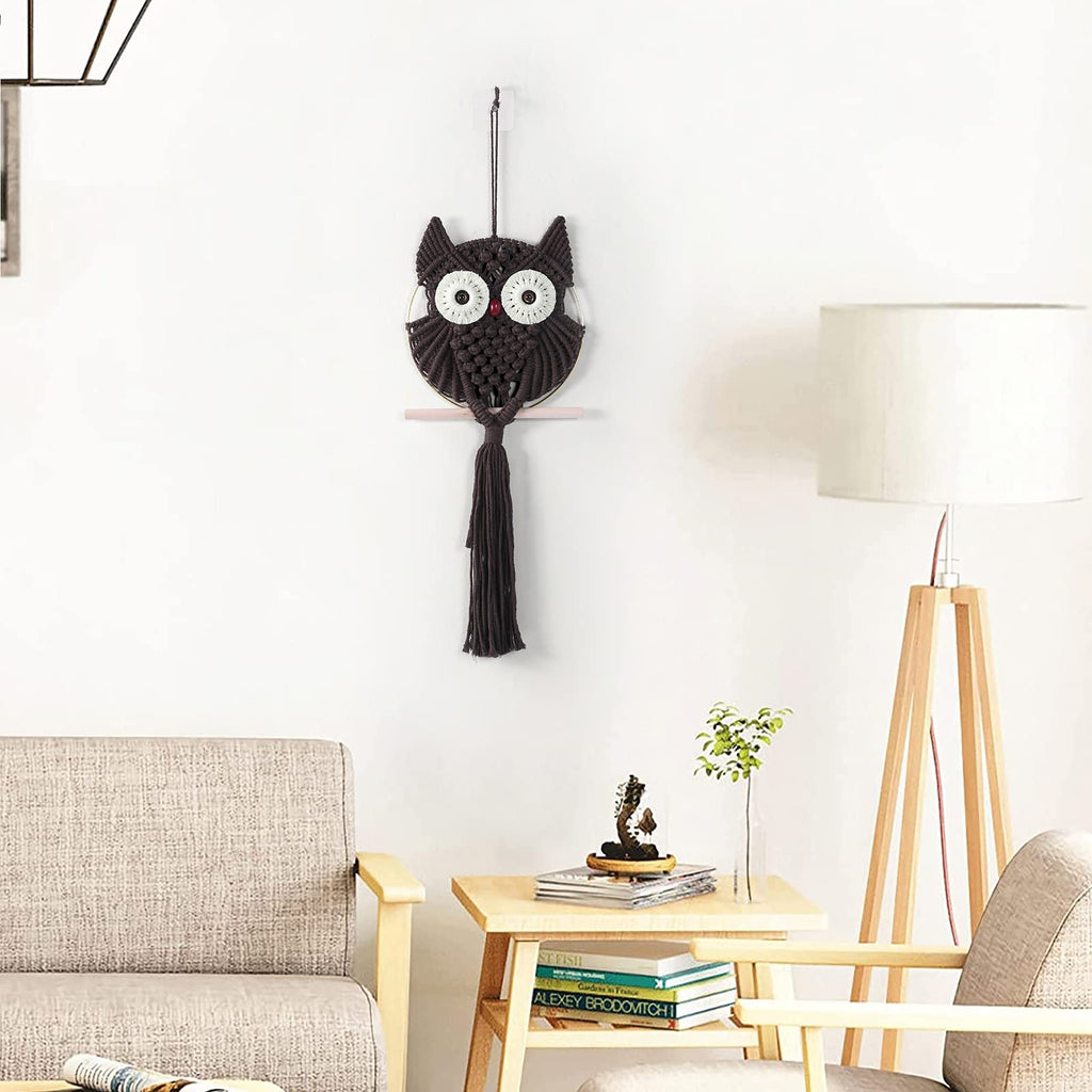 Owl Chocolate Cotton Macrame Wall Hanging Tapestry Home Decor Art and Bronze Craft Wonderful Decoration Woven Boho