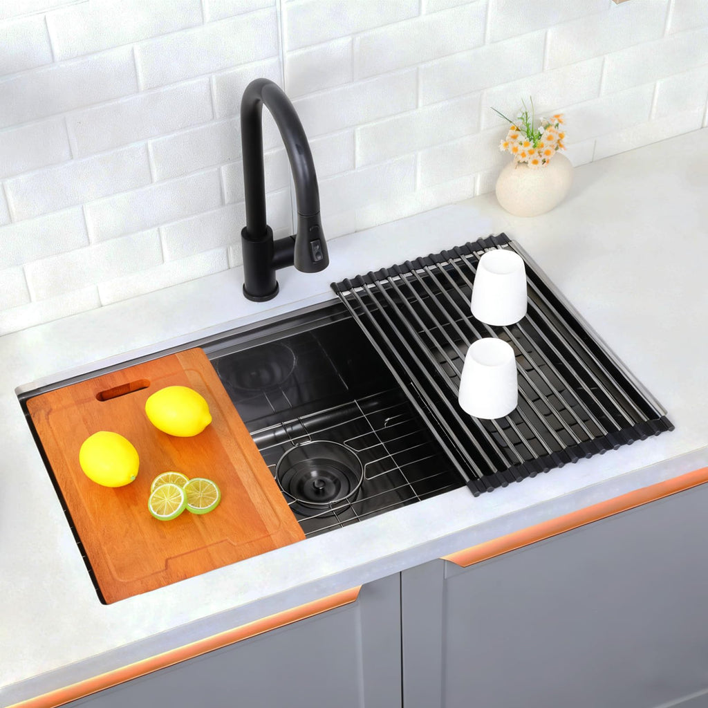 32 Inch Black Undermount Kitchen Sink Workstation, 32x18 Inch Large Outdoor Single Bowl Prep Sink, Stainless Steel